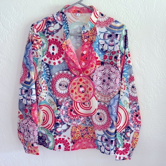 Boho bright blouse 3/4 button down size M - Picture 1 of 6